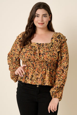 Plus Abstract Floral Square Neck Peplum Blouse