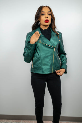 Metallic Faux Leather Biker Jacket by Joseph Ribkoff