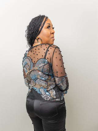 Black/Blue Top with Pearls and Sequins by Frank Lyman