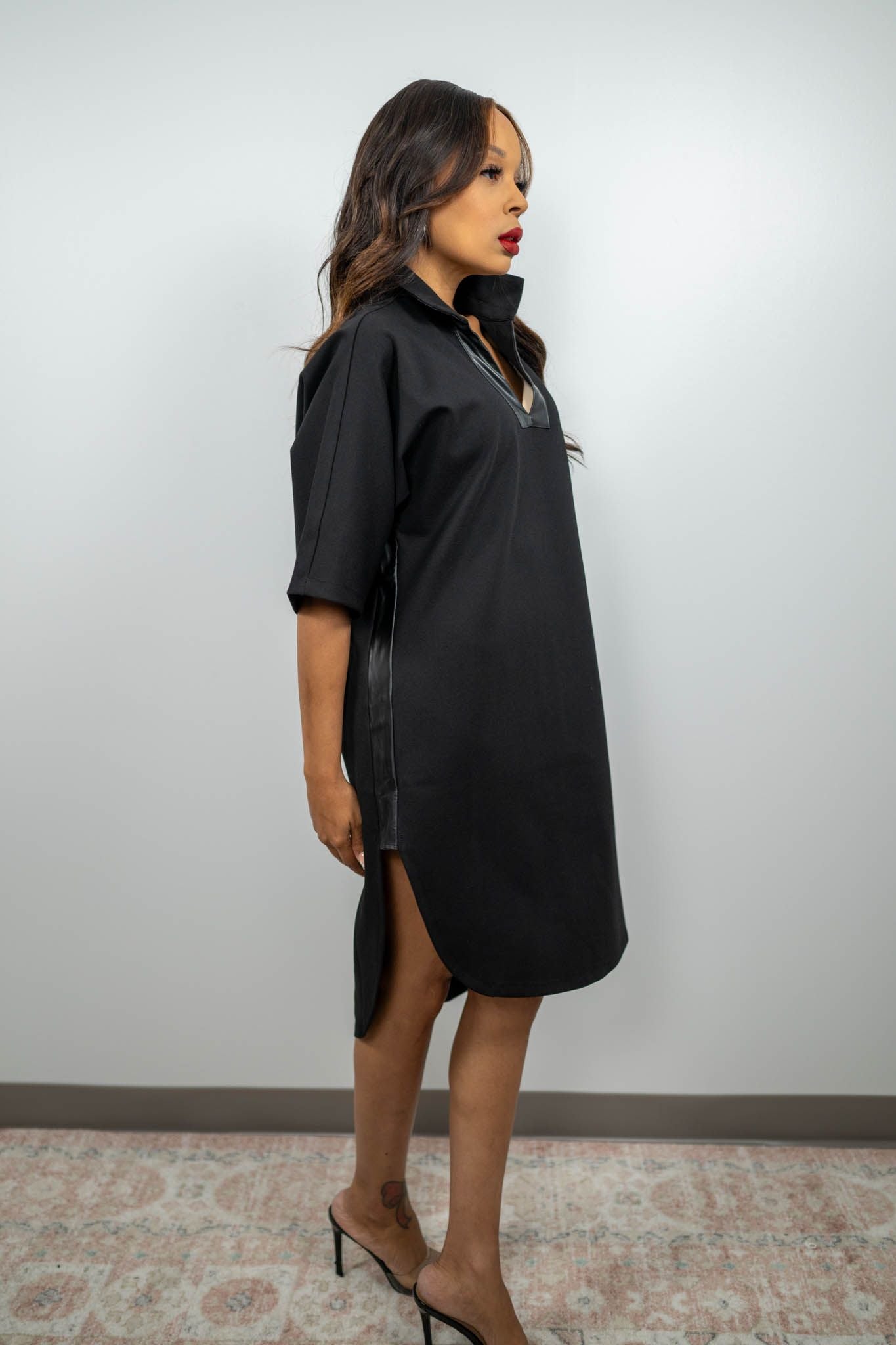 faux leather ponte dress Ponte Faux Leather Trim Dress